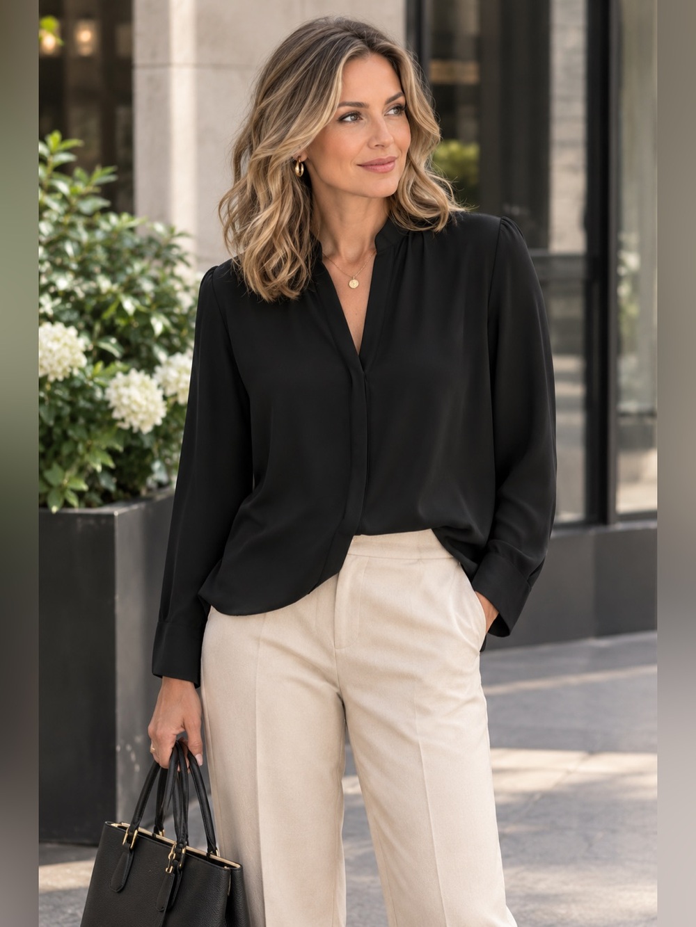Babaton Black V-Neck Long-Sleeve Blouse
